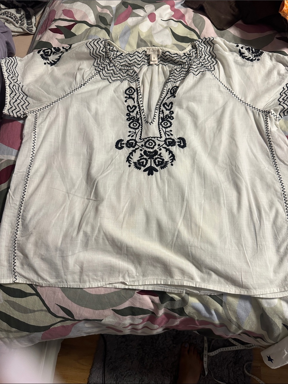 J. Crew White Tunic with Navy Floral Embroidery - Picture 2 of 9